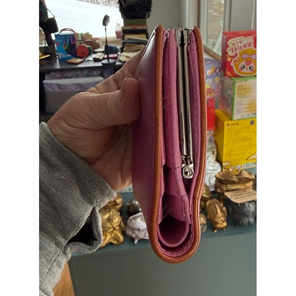 Coach Pink Leather Kisslock Bifold Wallet with Tan Trim‎ and Silver Hardware